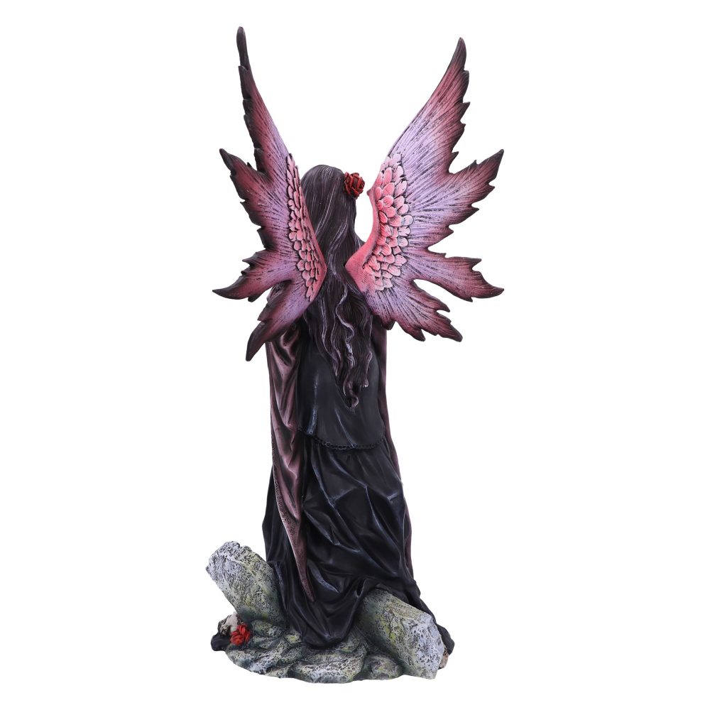 A fairy statuette with pink and dark-red wings kneels on a stone base. She wears a dark, draped robe, and has a rose in her hair. The backdrop is white.