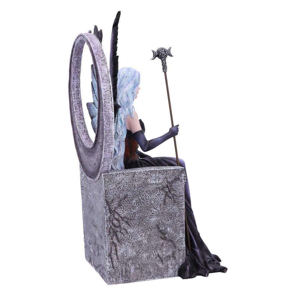 A fairy statue sits on a grey throne, with a high ring for a back. She is holding a staff with a triple moon on top, in a white space.