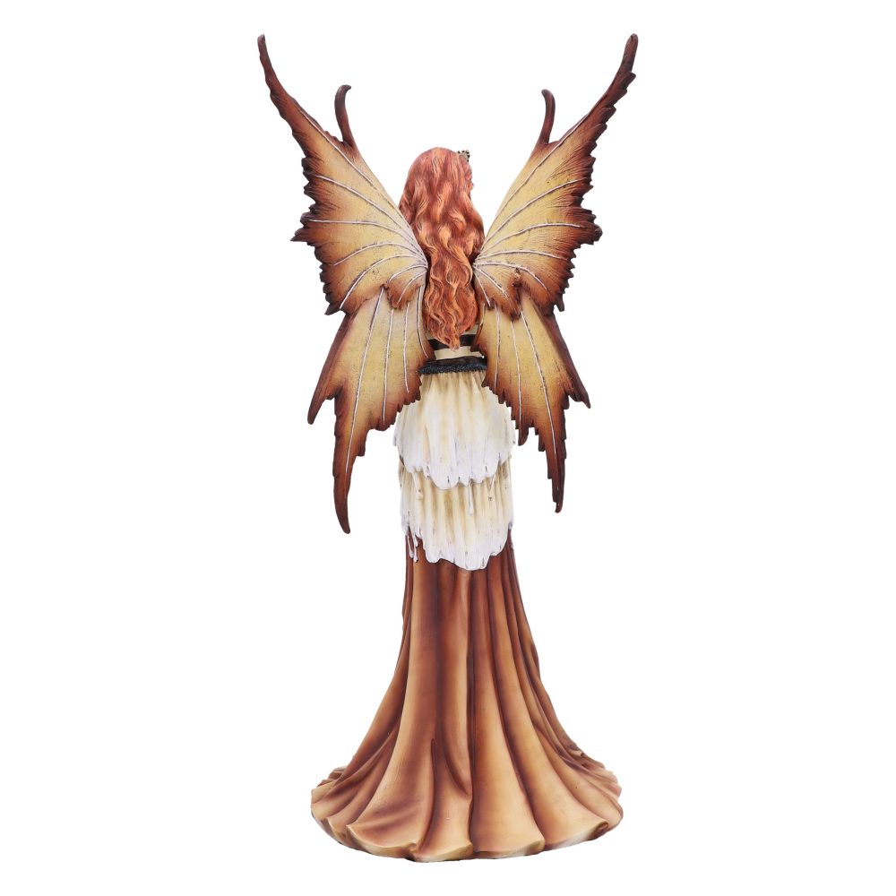A statue of a fairy with copper colored hair and wings stands facing away. The statue wears a long, brown, layered gown. The wings are veined with dark brown. The background is a plain white.