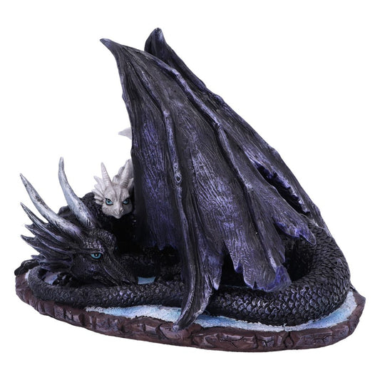 A sculpture of a large black and purple dragon with wings wrapped protectively around a smaller white dragon. Both are resting on a rocky base, creating a cozy nest-like setting.