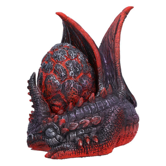 A detailed dragon figurine cradling an egg, with its wings folded protectively around it. The dragon is textured with red and black scales, set against a plain white background.