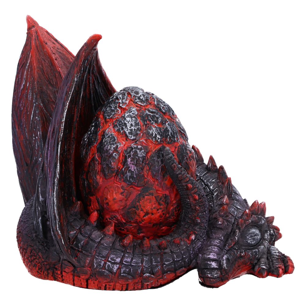 A dark red and black dragon figurine wraps protectively around a textured egg, with its wings partially open. The dragon's scales are detailed, and its eyes are closed, resting.