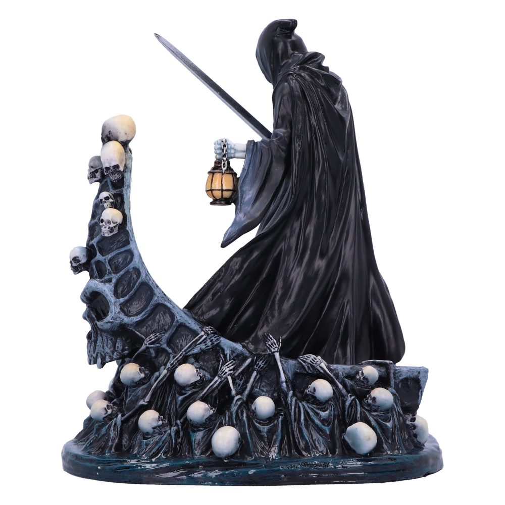 A grim reaper figure holds a lantern and sword, standing above reaching skeletal figures. The scene is framed by a skull-adorned arch.