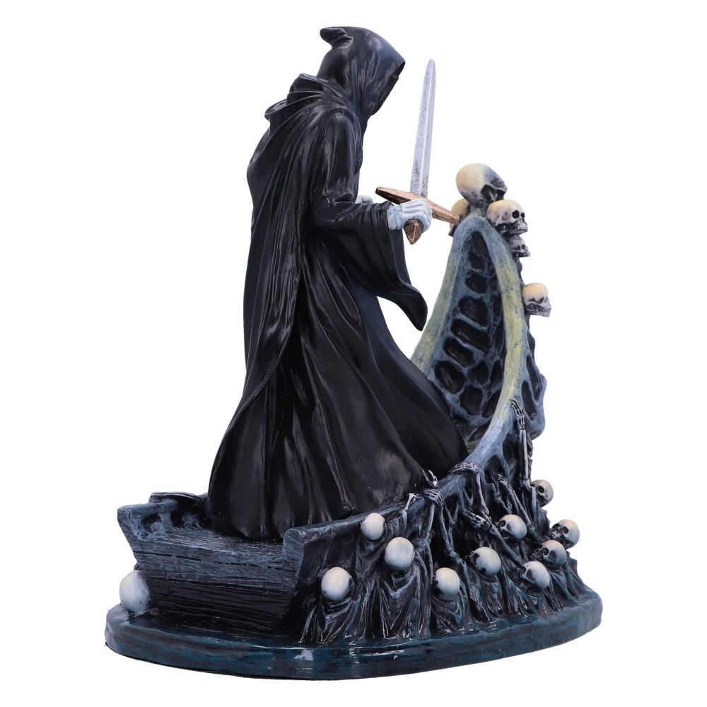 A grim reaper statue wields a sword next to a structure with skulls in a scene with bones and skulls surrounding the base.