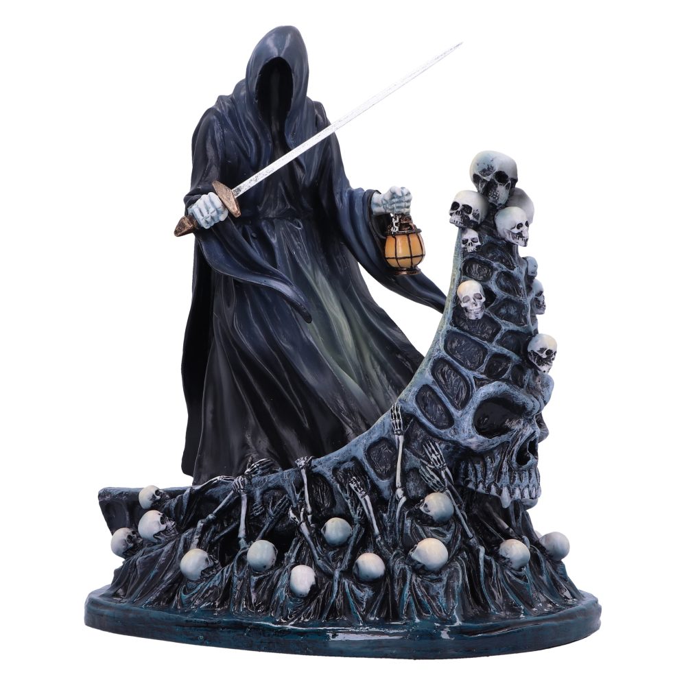 A hooded figure in black robes stands holding a sword and a lantern, positioned beside a large, skull-covered structure with bones and skulls scattered below.