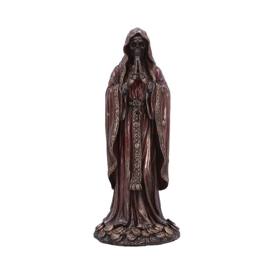 The grim reaper statue is standing on a pile of gold coins, with hands clasped, wearing a hooded robe that's burgundy with gold trim.