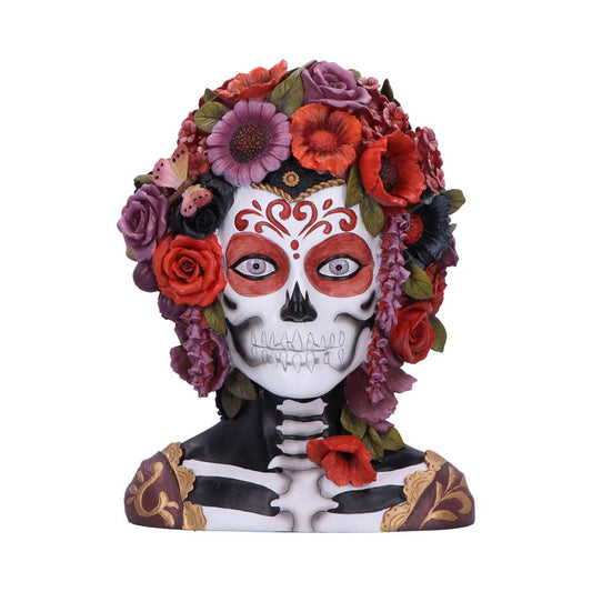 A sugar skull bust displays "Day of the Dead" makeup and is adorned with flowers. The bust displays ribs and is set against a white background.