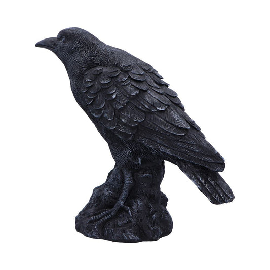 A raven perches atop a craggy stone base, its textured black feathers detailed. The figure is set against a stark white background.