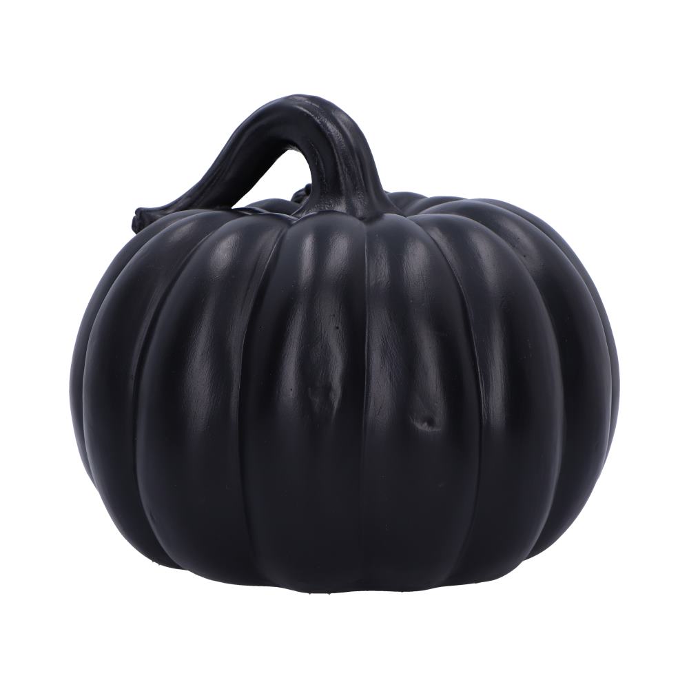 A glossy black pumpkin with a curved stem sits isolated on a plain, light background, resembling a decorative Halloween ornament.