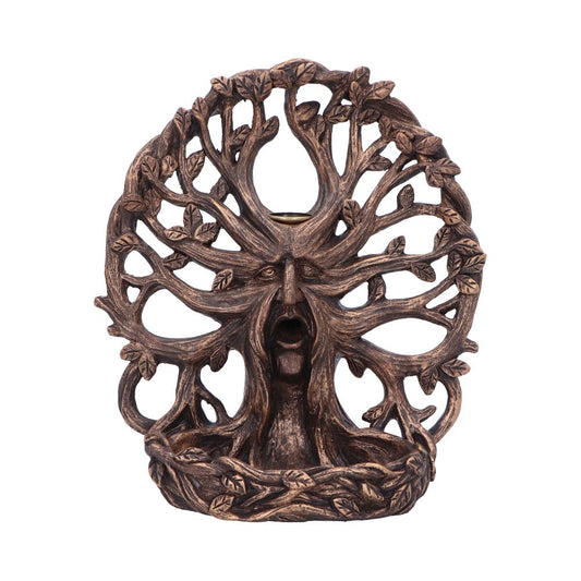 A detailed bronze sculpture depicts a tree with a human face, open mouth, and branches forming an arch adorned with leaves, set against a plain white background.