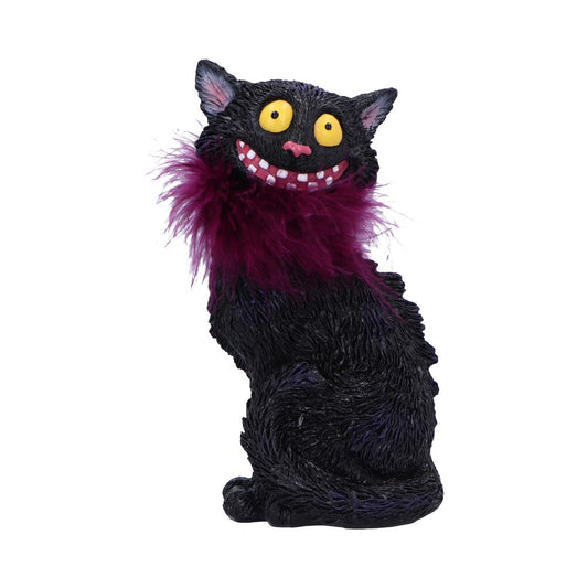A cartoonish black cat sits and smiles widely, revealing teeth. A purple feather boa surrounds its neck. The background is solid white.