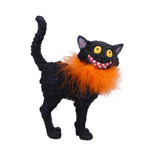 A black cat stands with its tail up, wearing an orange feathered boa. It has yellow eyes and a broad grin with visible white teeth, against a white backdrop.