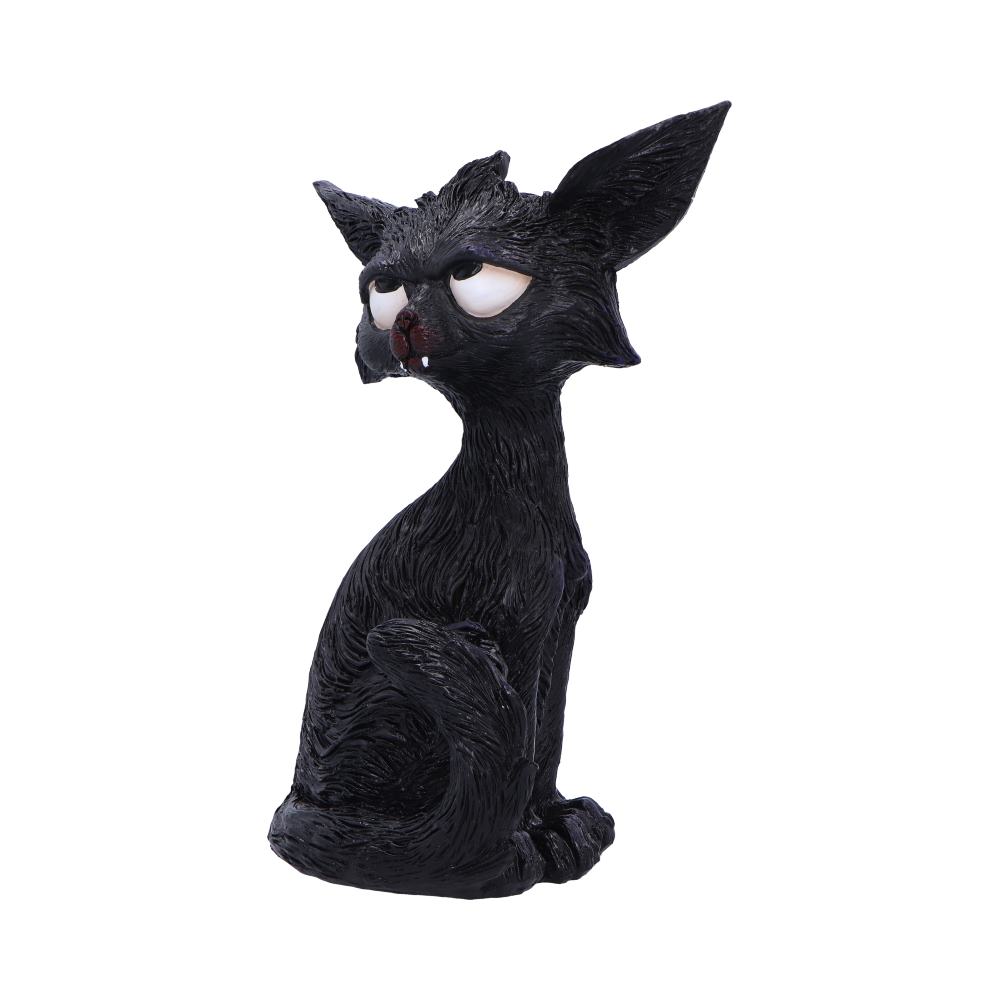 A black cat figurine with a grumpy face is sitting upright. The background is plain white.
