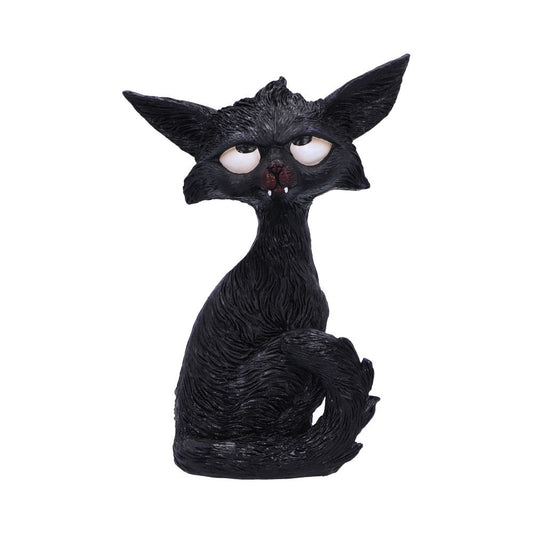 A black cat figurine with a long neck sits upright, its tail curled around its legs, against a plain white background.
