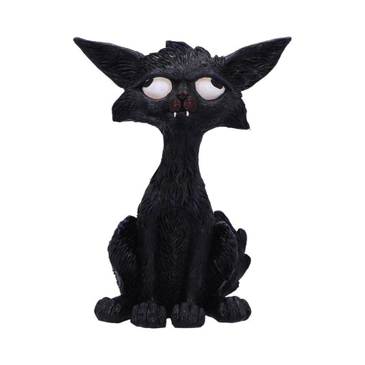 A black cat statue sits alertly with a slightly tilted head, staring upwards with large, cartoonish eyes and visible fangs, isolated against a white background.