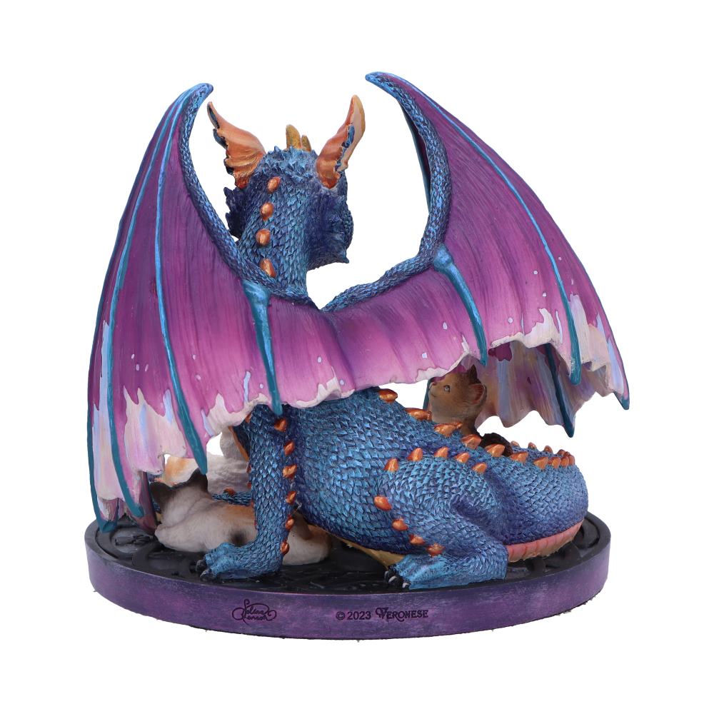 A blue and orange dragon with purple wings shelters small animals beneath its wings, all situated on a black and purple base. Text on the base reads "© 2023 Veronese."