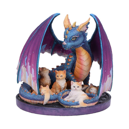 A blue and orange dragon sits on a purple base, wings spread open, as several kittens relax around its tail on the base.