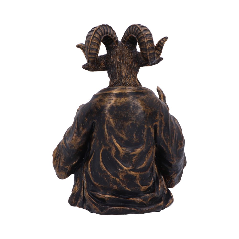 A bronze statue of a ram-headed figure wearing a robe sits, facing away from the viewer, on a white background.