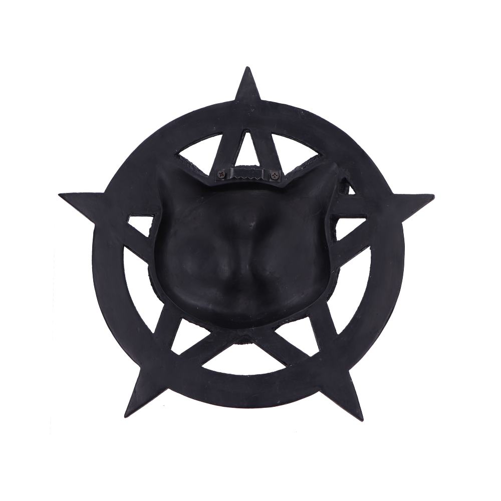 A black cat face is framed by a black pentagram. The background is plain white.
