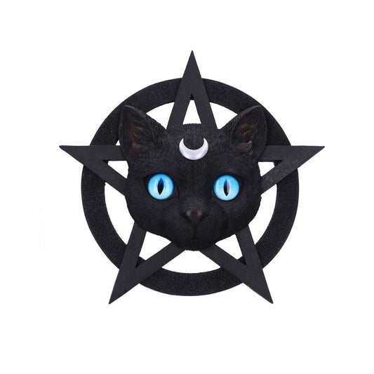 A black cat head with bright blue eyes sits in front of a black pentagram with a moon between its ears, set against a white background.