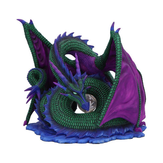 A green-and-purple dragon coils around a clear orb on a blue, wave-like base. Its wings are spread, and it has a fierce expression.
