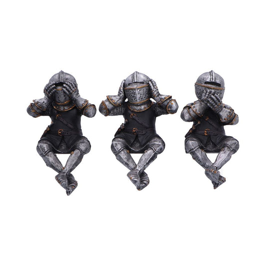 Three armored knights, each with a different hand gesture, are positioned side-by-side against a white background. One covers its eyes, another its ears, and the third its mouth.