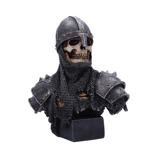 A skeleton bust wears a rusty helmet, chainmail, and spiked shoulder pads. The bust is set on a plain, dark gray rectangular base against a white background.
