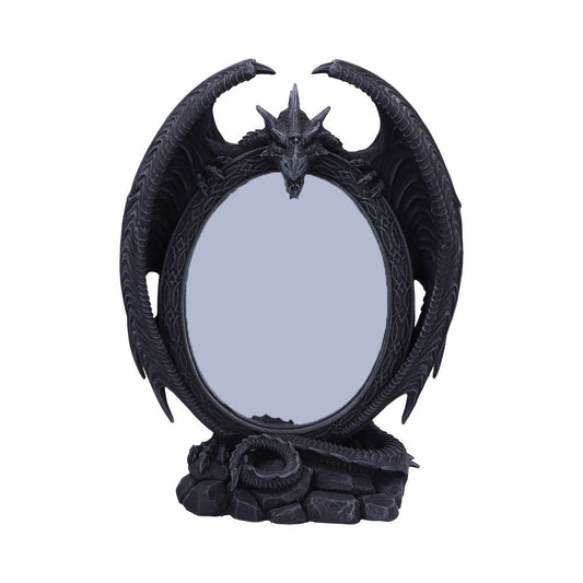 A circular mirror, framed by a dragon's wings and head, rests on a rocky base.