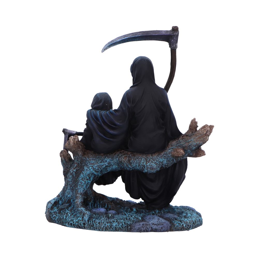 Two Grim Reaper figures sit on a tree branch, one larger than the other, in a dark, fantastical setting. ©2023 Nemesis Now.