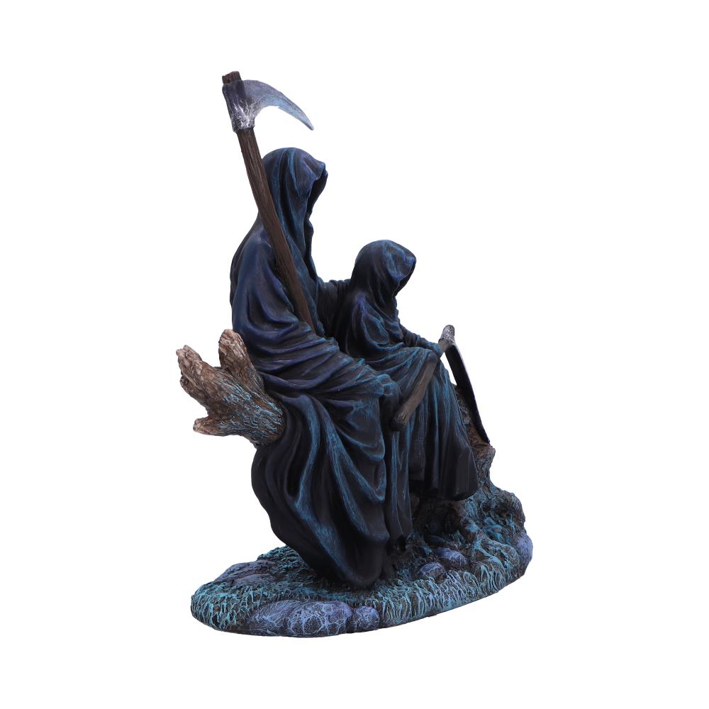 Two Grim Reapers, one large and one small, sit on a tree branch, each holding a scythe. The dark blue sculpted figures are positioned against a plain white background.