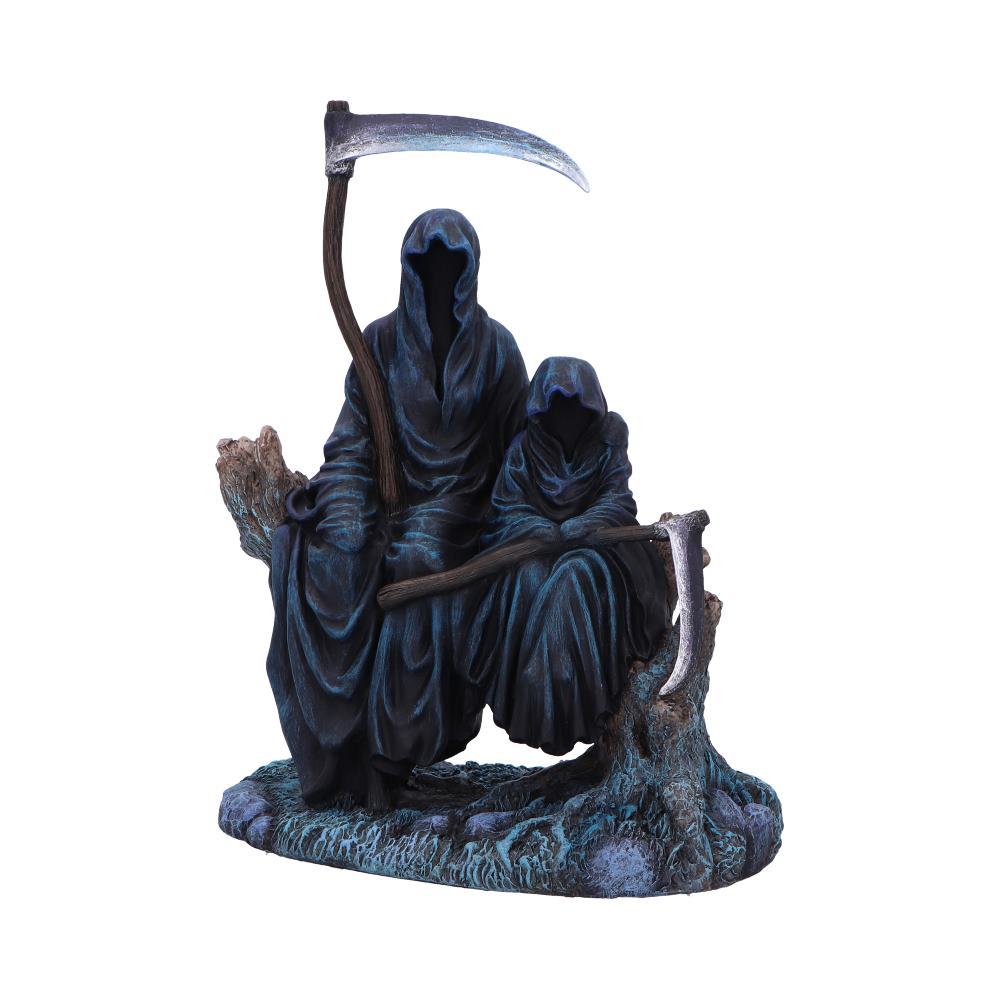 Two grim reapers, sculpted in dark blue robes, sit on a gnarled tree stump, holding scythes; a dark, fantasy setting.