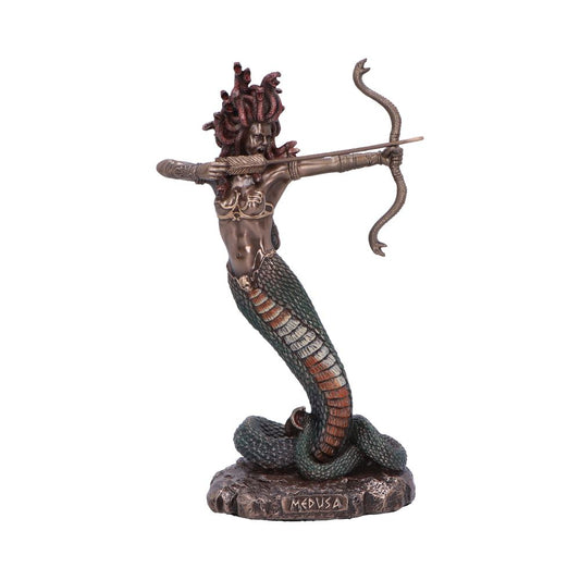 A Medusa figurine, aiming a bow and arrow, stands on a rocky base. The inscription "MEDUSA" is visible.