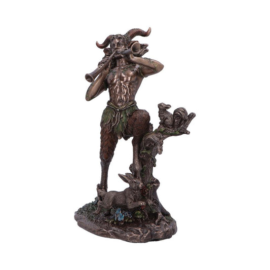 A bronze Pan statue plays a double pipe, perched on a tree stump with a rabbit and squirrel, against a white background.