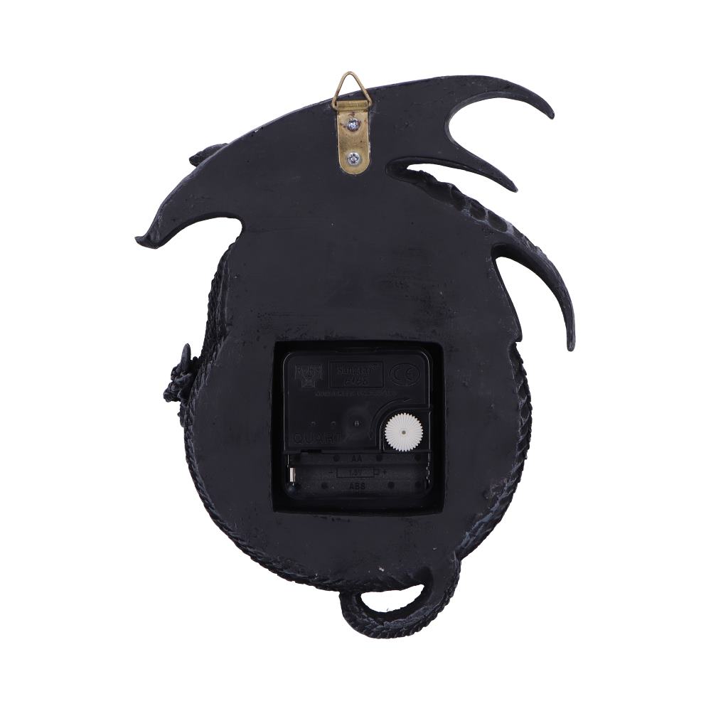 Wall clock back showing a battery compartment with a golden hanging hook above, shaped like a winged creature, against a white background.