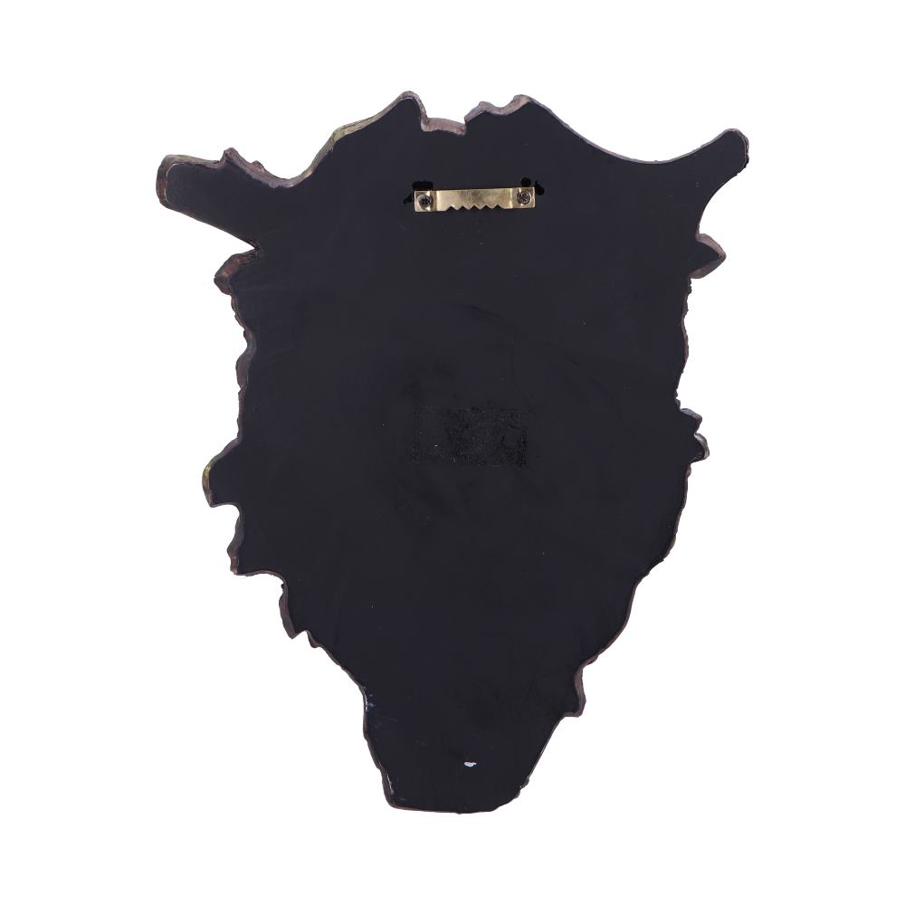 A shield-shaped object with a rough, irregular outline features a metal sawtooth hanger for wall mounting on its back. The context is a plain white background.