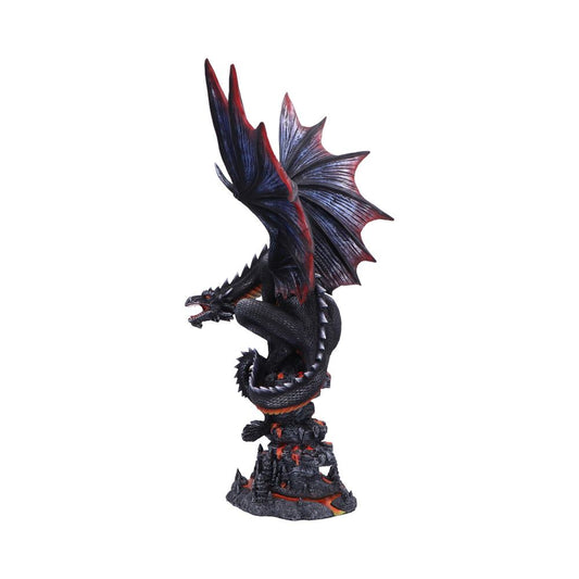 A detailed dragon statue with large wings outstretched, perched on a rugged, rocky base with glowing lava details, creating a dramatic and mythical appearance.