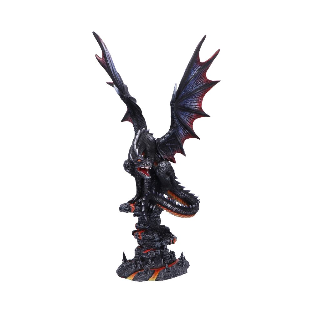 A dark dragon figurine with outstretched wings and fiery accents perches on a rocky base, creating a dynamic and mythical presence.