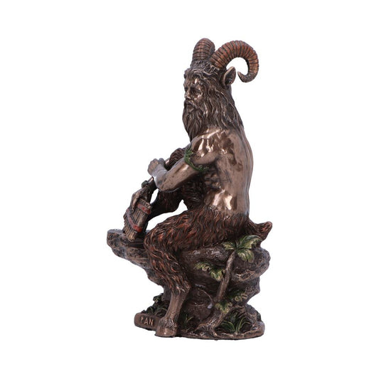 A bronze-colored statuette depicts a satyr with curled horns, playing a flute while seated on a rock adorned with vines. The base has the inscription "PAN."