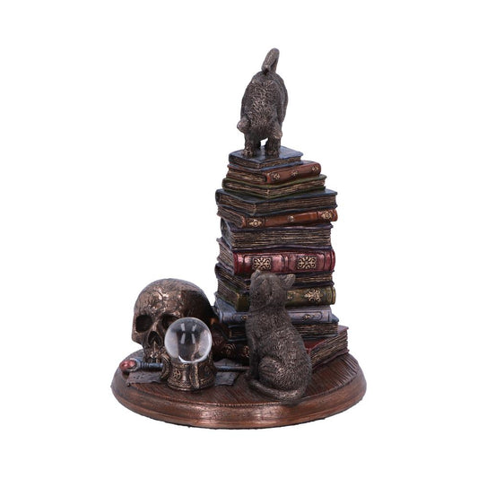 A decorative sculpture features two cats: one sits by a skull and crystal ball; the other climbs a stack of ornate books, all on a wooden base.