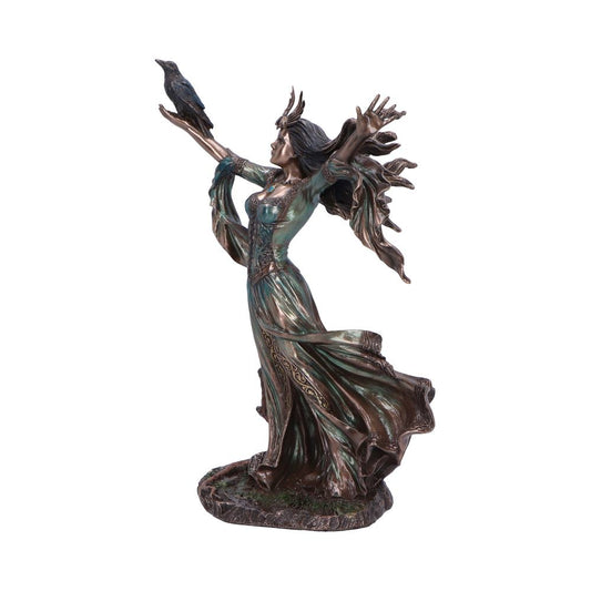 A bronze-colored statue depicts a robed woman with a raven perched on her raised arm, set against a plain white background. Her dress flows elegantly, and her hair and sleeves appear windswept.