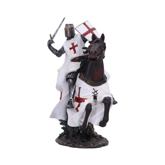 A mounted crusader knight wearing a white surcoat with red crosses brandishes a raised sword and shield while galloping a rearing dark horse on a plain white background.