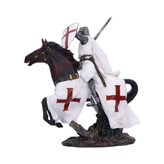 Knight in chainmail and white surcoat bearing red crosses rides a rearing dark horse, raising a shield with a red cross and brandishing a sword while galloping over rocky ground