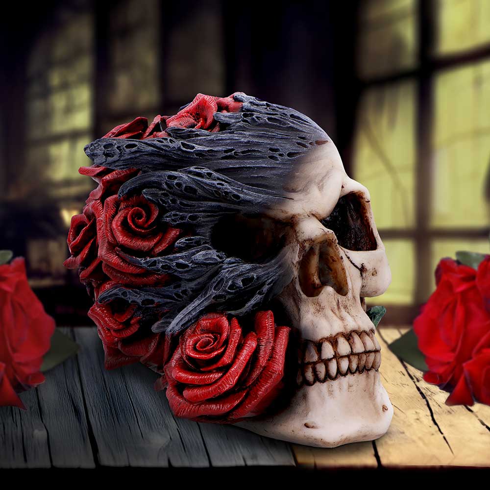 Soul Rose Skull Figurine hand-painted polyresin skull with rose detailing