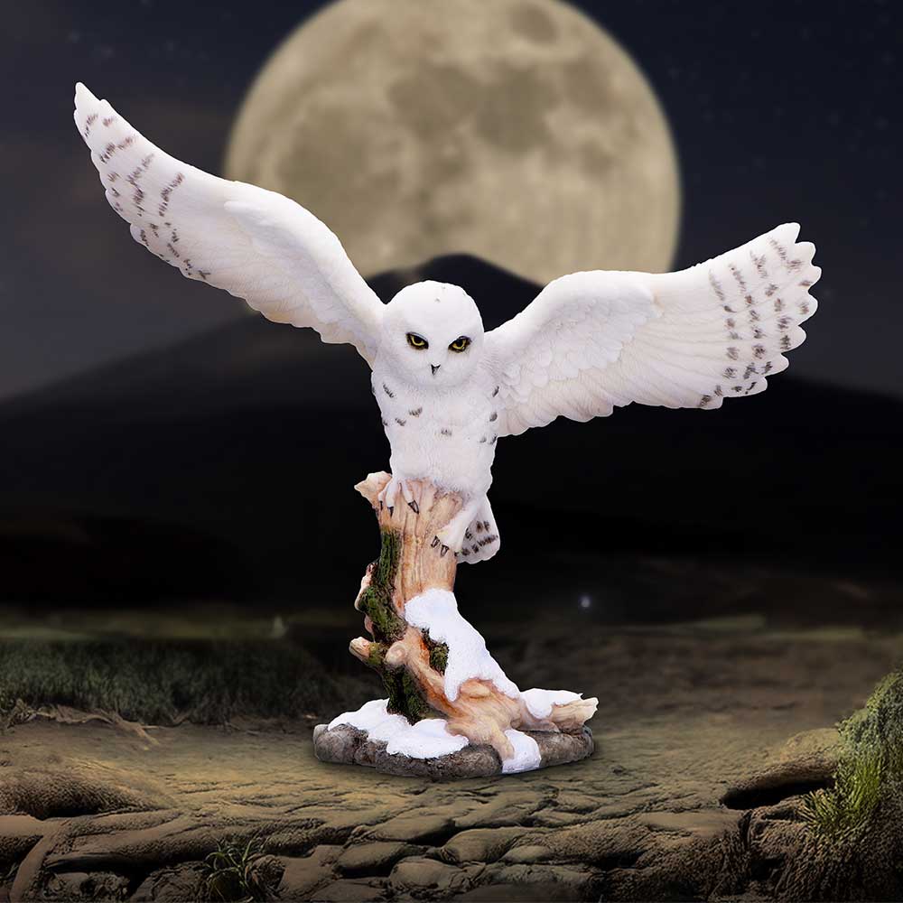A snowy white owl spreads its wings while gripping a stump dusted with snow under a large full moon above a dark, rocky, moonlit landscape.