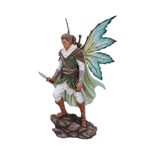 Figurine of a fairy warrior standing on a rocky base, stepping forward with a dagger in hand and a sheathed sword on back, wearing green tunic and turquoise leaf wings.
