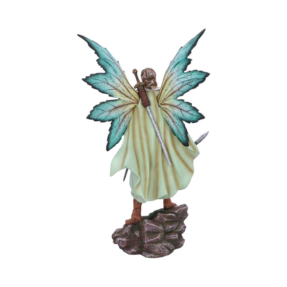 Winged figurine stands on rocky base, cloaked and facing away, long turquoise-veined wings outstretched, sword sheathed across its back and dagger at the hip in neutral white background.