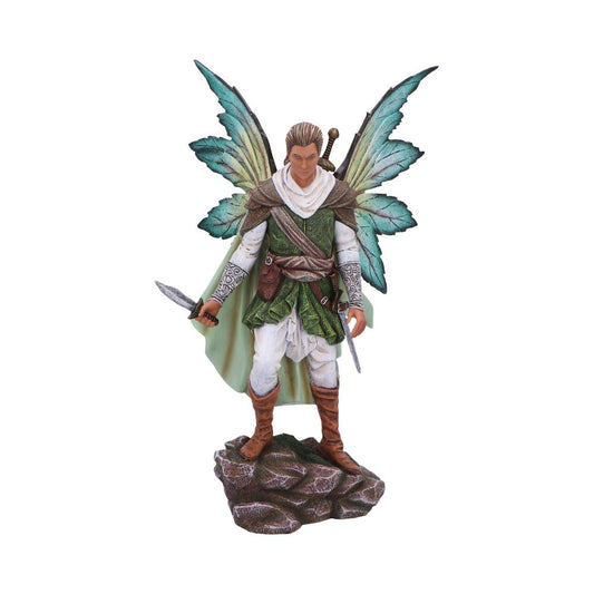 Winged male fairy stands on a rocky base holding twin daggers, wearing a green tunic, white cloak and leather boots, poised as if guarding a forest clearing.