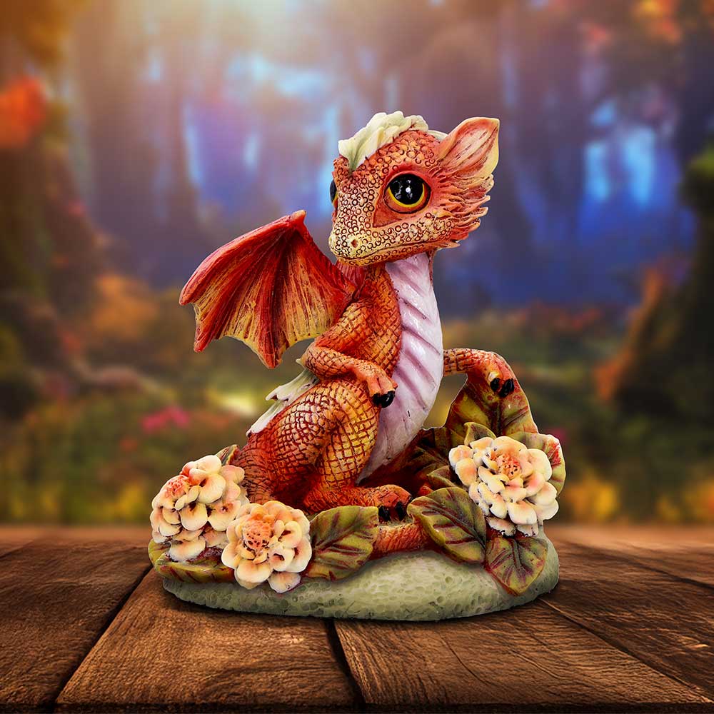 Marigold Flower Dragon Figurine hand-painted polyresin dragon with marigold flower detailing