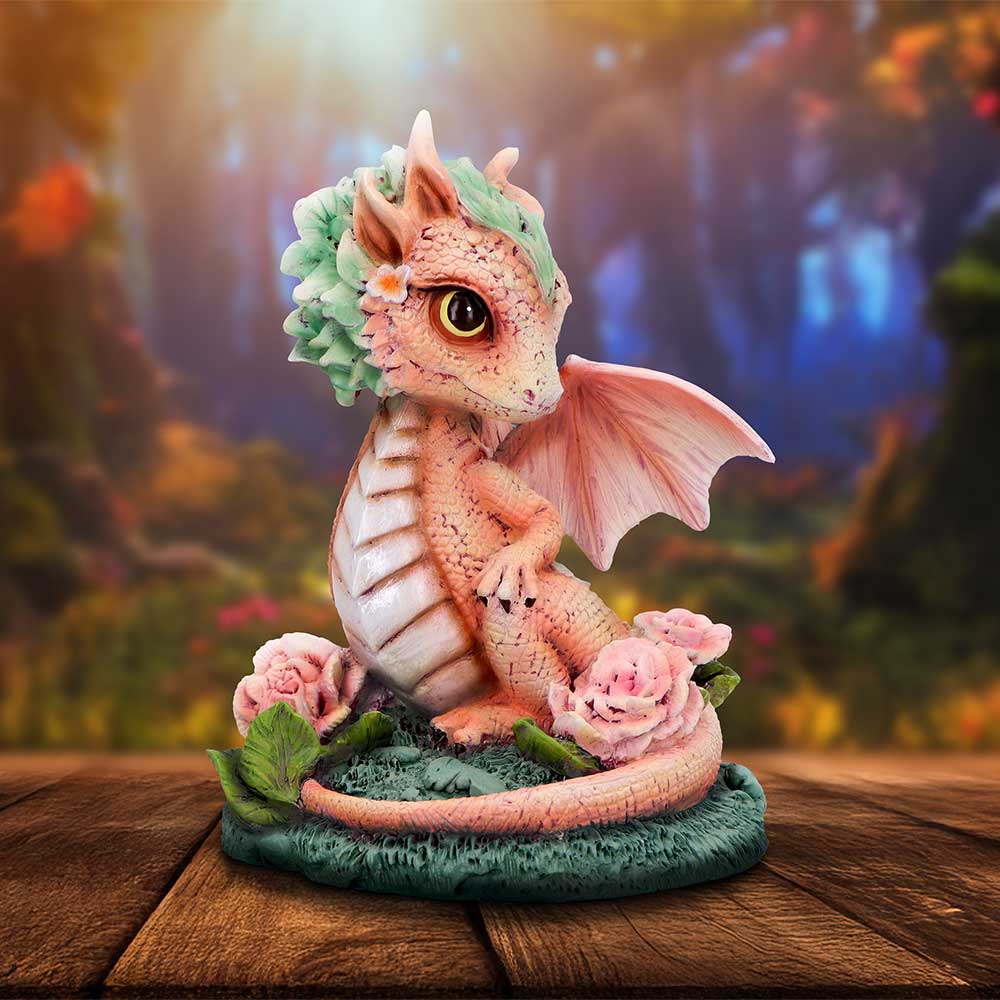 Carnation Flower Dragon Figurine hand-painted polyresin dragon with floral detailing
