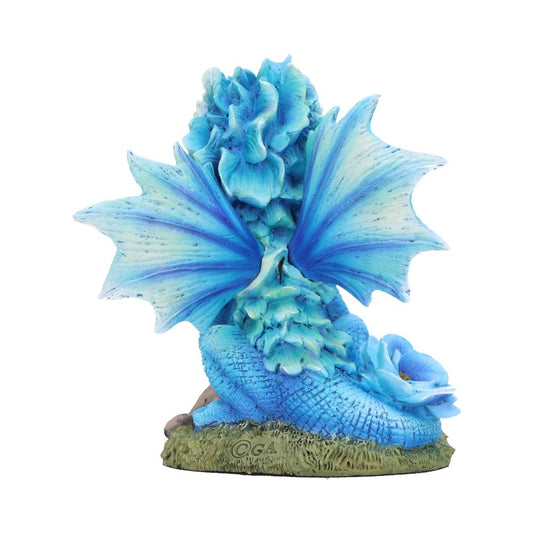 Blue dragon figurine curled and resting with wings fanned outward on a grassy base beside a blue flower, detailed scales and frilled crest, white background, text ©GA on base.
